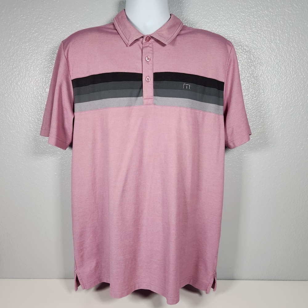 Travis Mathew Mens XL Polo Golf Shirt Short Sleeve Lightweight Stripes Pink Gray